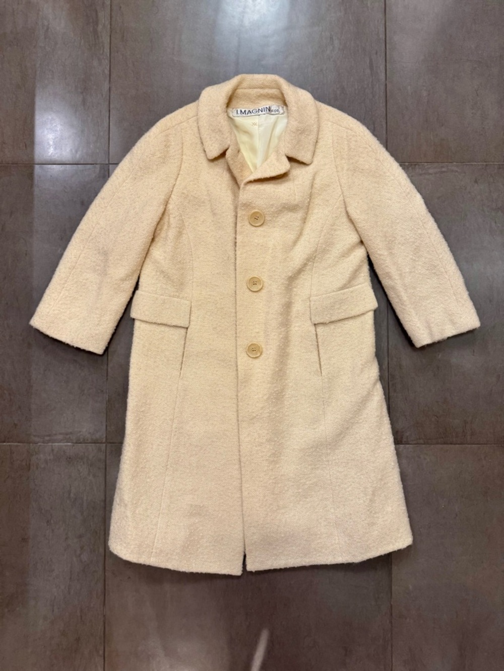 I Magnin Cream Women's Wool Boucle Button Coat